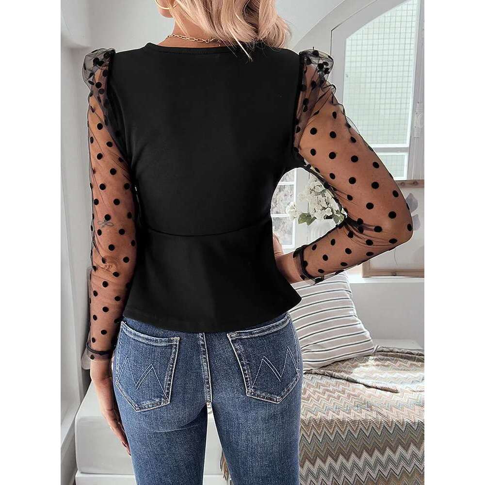 Women's Fashion Casual Soild Black Color Mesh Ing Long Sleeve V-Neck Side Bow Loose Hem Waist Knit Top Shirt