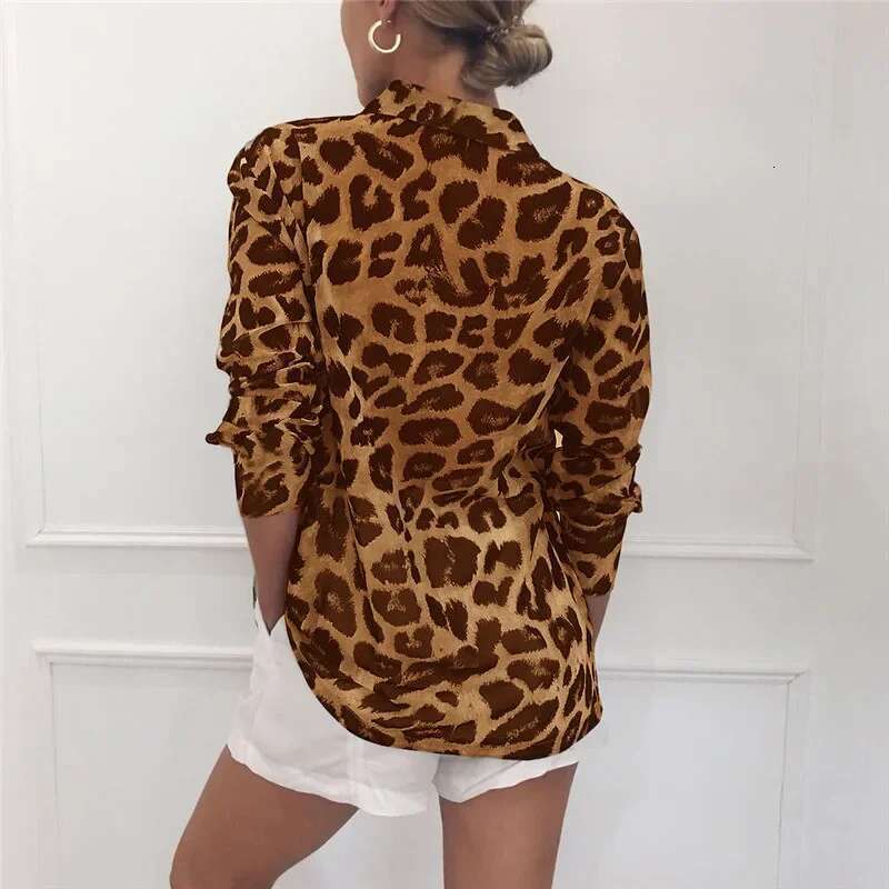 Chiffon Long Sleeve Sexy Leopard Print Blouse Turn Down Collar Lady Office Shirt Tunic Casual Loose Tops Oversized