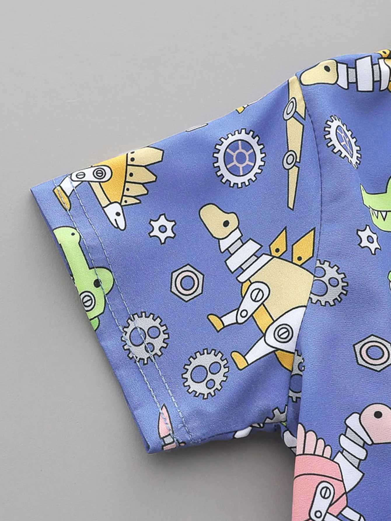 2PCS baby and toddler summer full print machine dinosaur pattern standing collar shirt short sleeved shorts set W250218