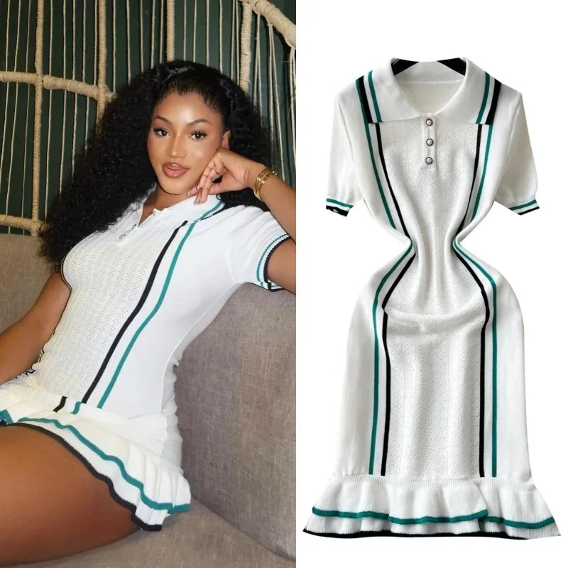 Women Color Patchwork Ruffles Hem Knitted Mini Dress Buttons Polo-neck Short Sleeve High Stretch Bodycon Casual Outfits Vestidos 250217