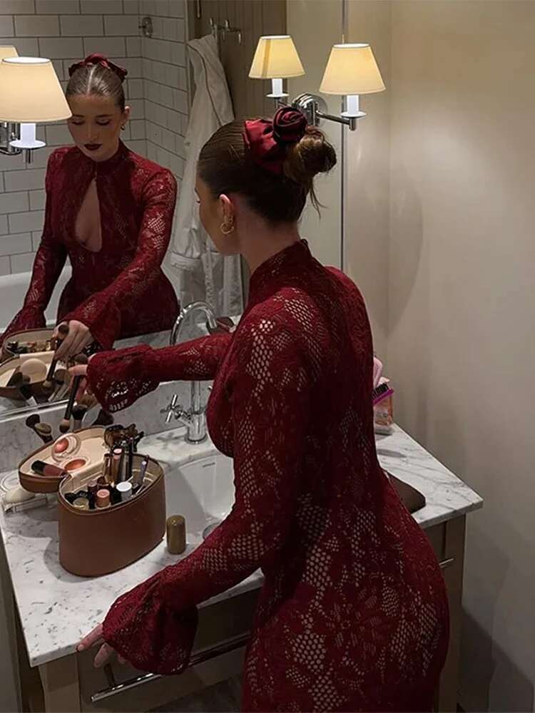 Lace Bodycon Midi Dress For Women Sexy Hip Package Hollow Out Evening Dresses Female Party Chic Lady Long Sleeve Vestidos