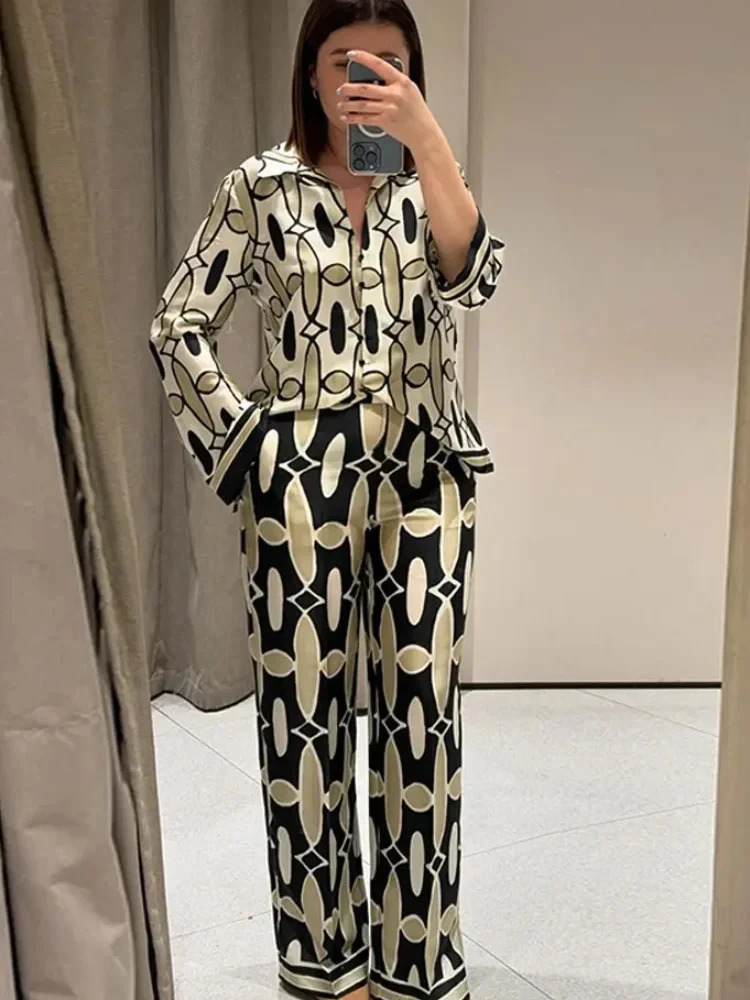 ZBZA Womens Geometric Print Shirt Pants Suit V-neck Long Sleeves Top High Waist Hidden Zip Straight Leg Pants Female Chic Set 250217