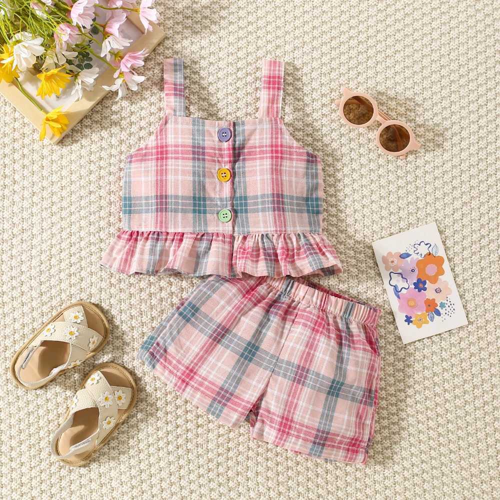 Summer new baby girl cotton clothing set baby girl pink plain weave pleated suspender top+shorts 2-piece set W250218