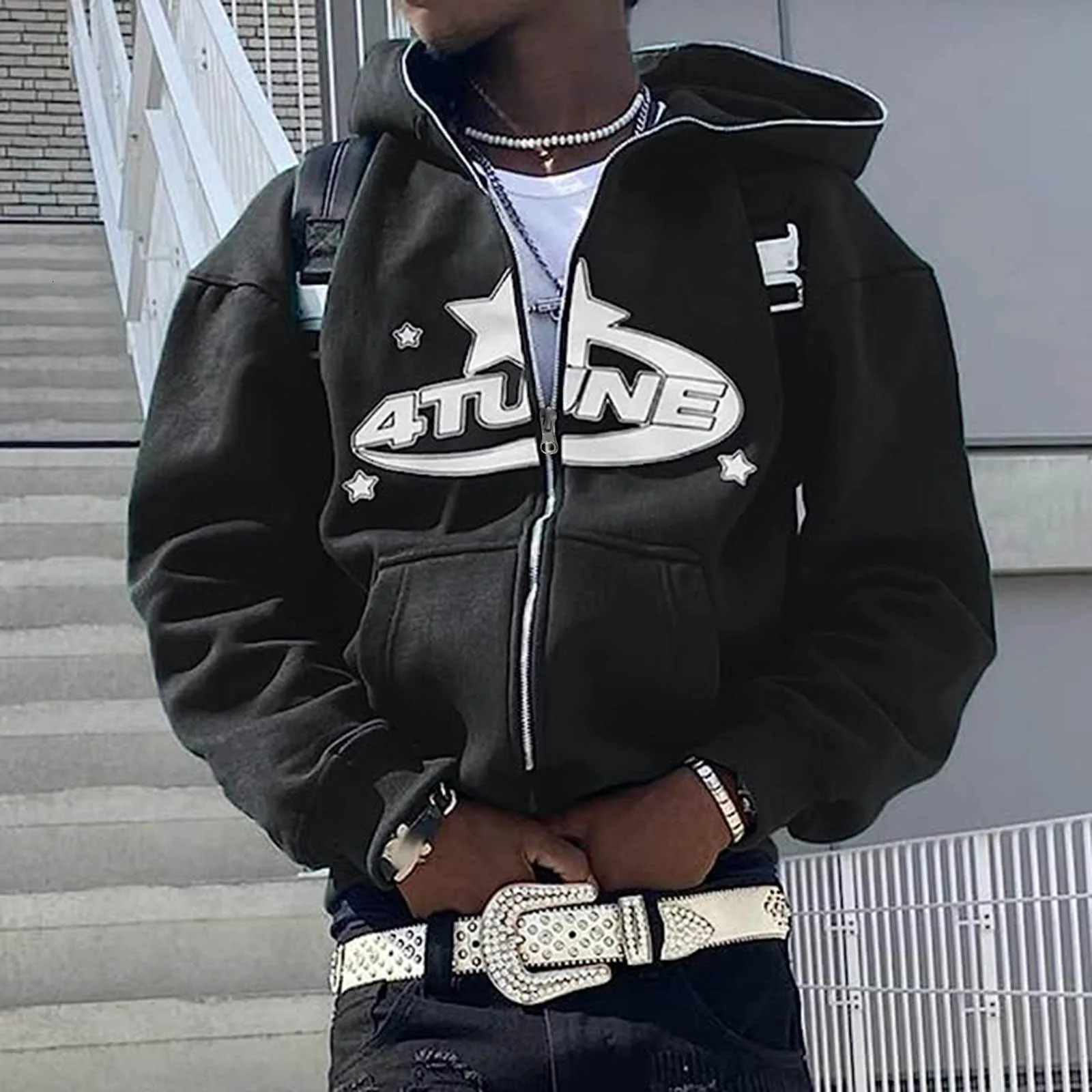 Zip Up Hoodies Y2k Cardigan In Sweatshirts Warmth 4tune Letter Print Sweatshirts Trend Casual Hip Hop Hooded Mens Clothing 250120