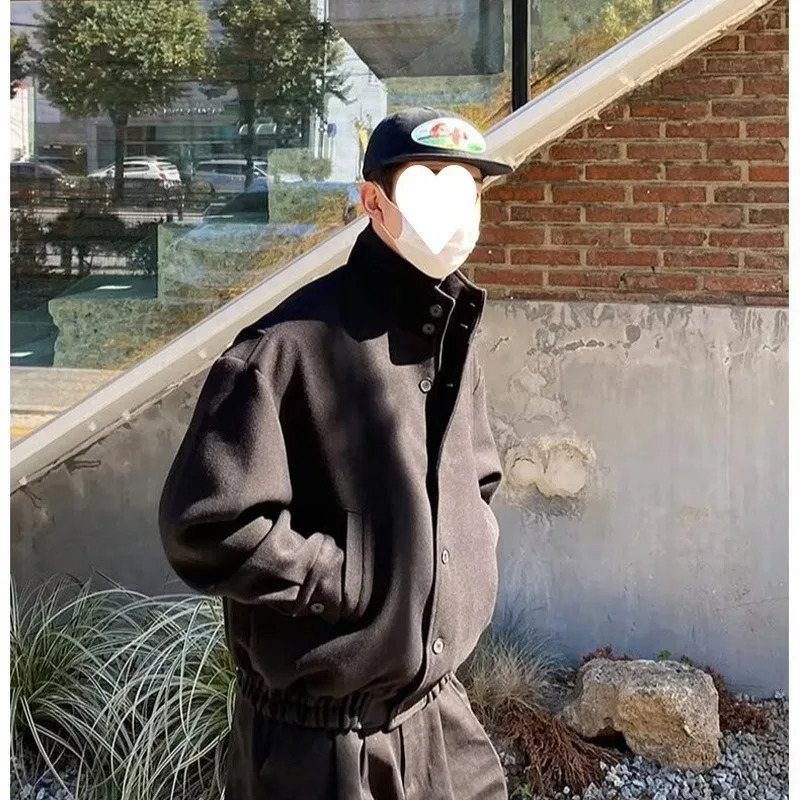 Autumn Winter HighEnd Trendy Stand Up Collar Jacket Woolen Coat British Style Niche n Baseball Windproof Warm 250218