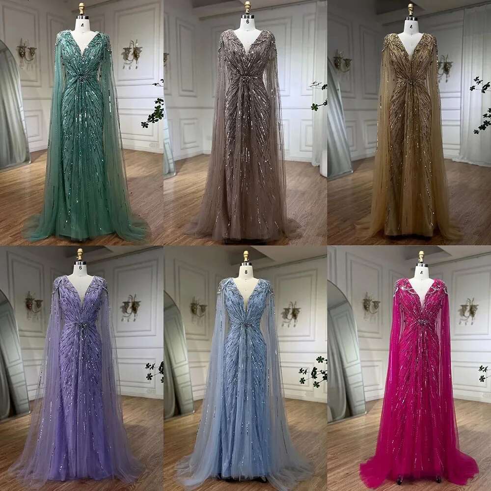 Mermaid Turquoise Evening Dresses Gowns With Beaded Cape Sleeves Design Customize Party dresses