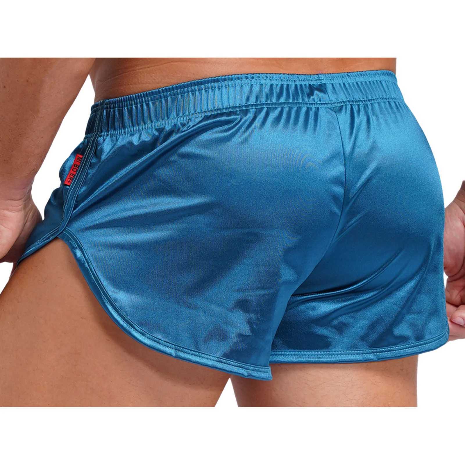 Mens Side Split Satin Swim Shorts Built-in Bulge Pouch Boxer Brief Shorts Swimming Trunks Pajama Bottoms Loungewear Homewear M250218