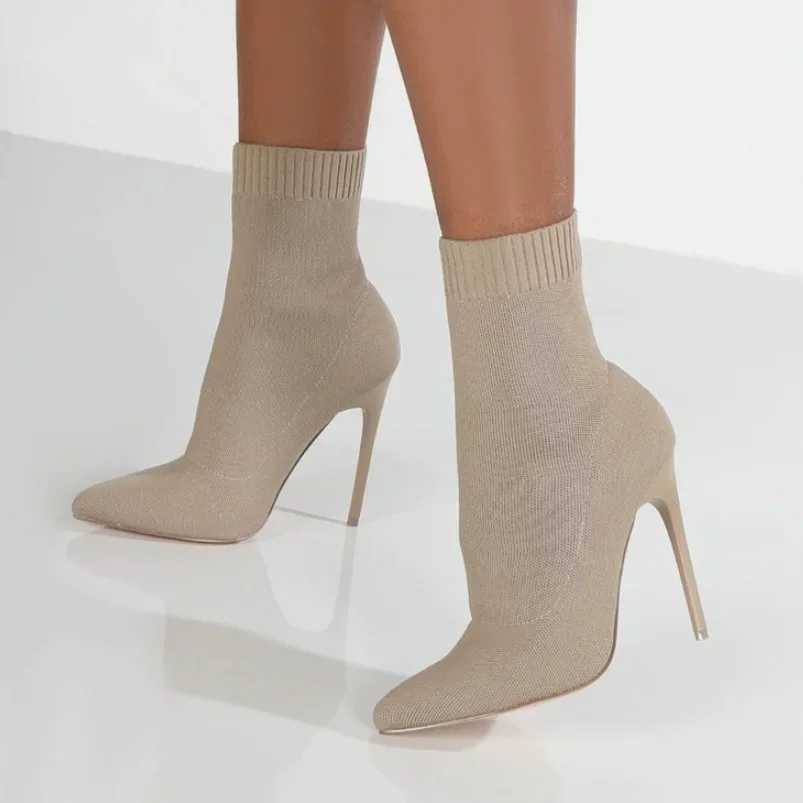 Luxury Women Socks Shoes Streh Fabric Women Ankle Boots Pointed Toe High Heels Slip- Sexy Sock Heeled Chelsea Boots SizeXJ250217