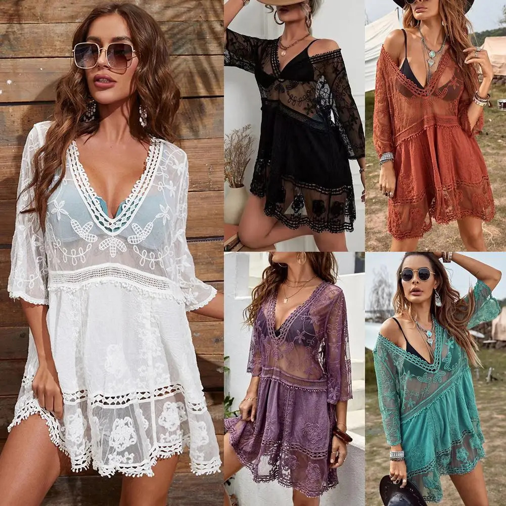 Sexy Womens Mesh Bikini Coverup Deep Vneck Swimsuit Set Summer Beach Short Sleeve Dress Lace Hollow Out Clothes 250212