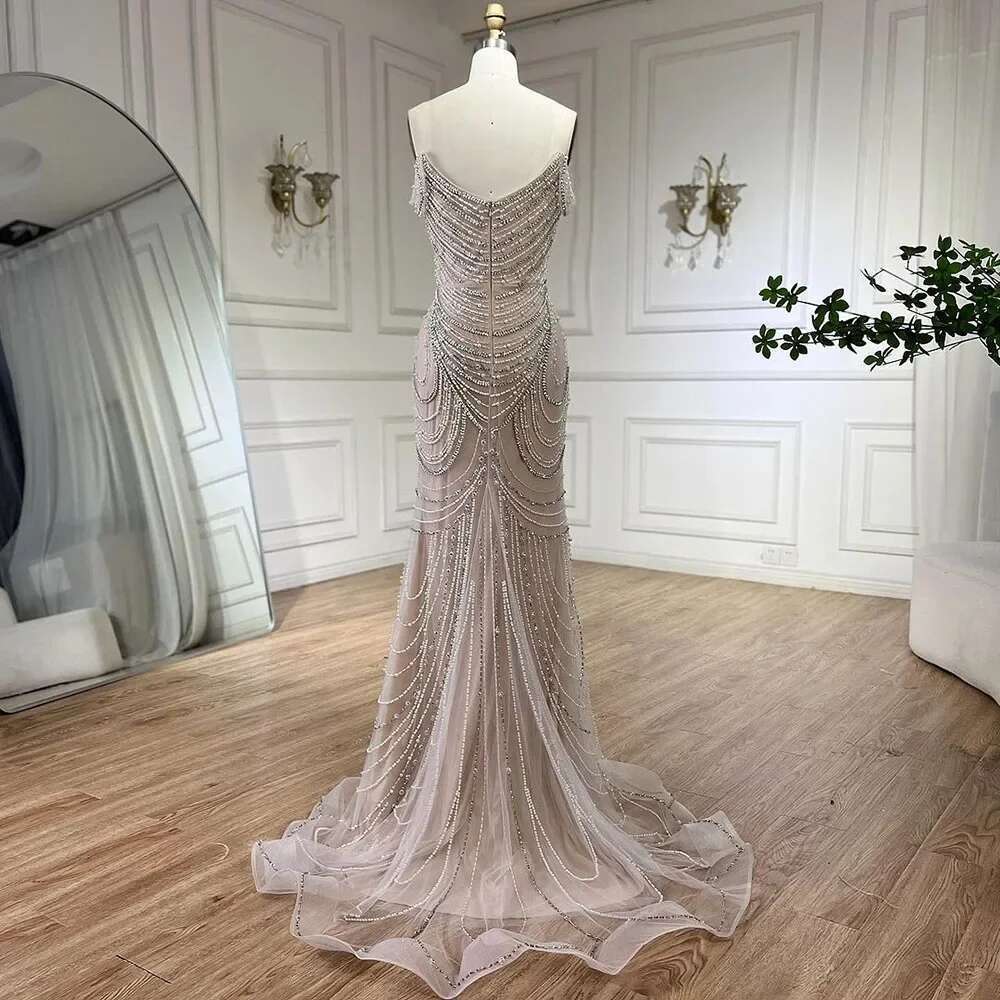 White Dubai Nude Strapless Mermaid Evening Dresses Gowns Pearls Beaded Evening Party Customize