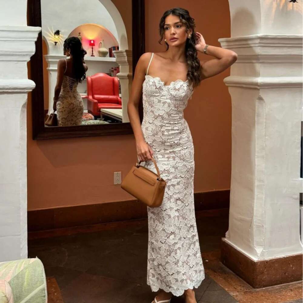Mingmingxi Summer Elegant Maxi 2024 New In Wedding Guest Dress Women White Lace Up Long Dresses Sexy Wholesale