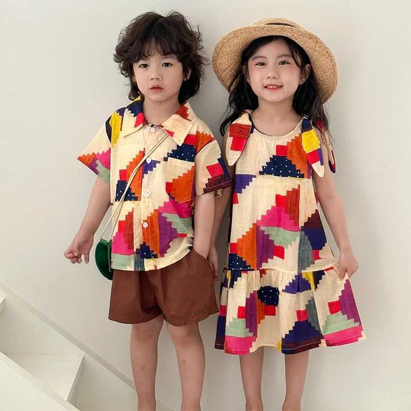 Vacation Sle Childrens Clothes Boys Lapel Shirt Shorts 2pcs Girls Colorful Print Sleeveless Dress Siblings Summer Outfit W250218