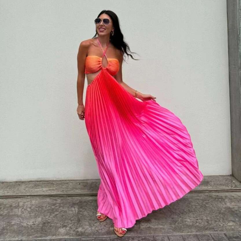 Fashion Gradient Holiday Dress Women Sexy Cut Out Backless Maxi Beach Dresses Summer Casual Loose Pleated Bohemia Outfits 2024