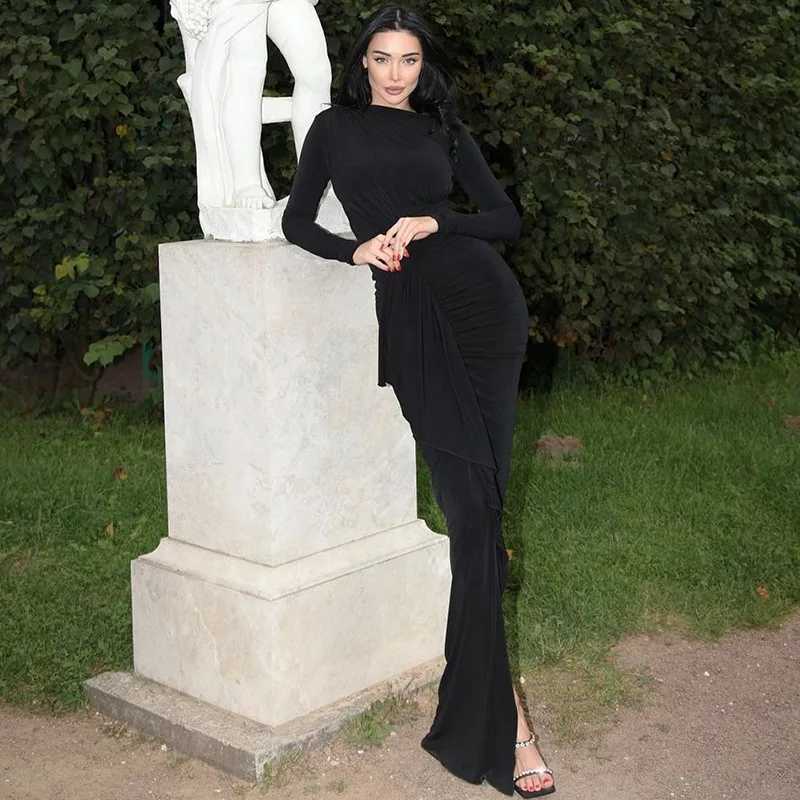 Basic Casual Dresses Lygens Solid Slim Elegant Evening Ruched Bandage Long Slve Maxi WomenS Dresses Fashion Dropshipping Plus Size Casual Clothing H25