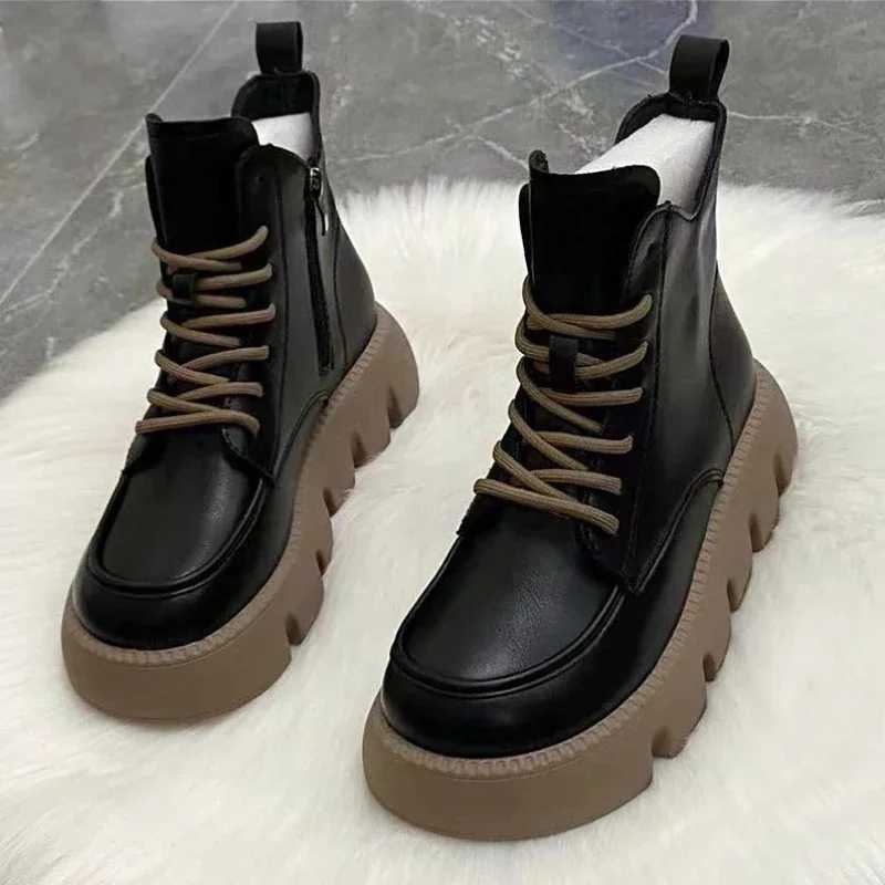 Maogu Laces Footwear Punk Booties Black Combat Lace-up Female Ankle Boots Padded Demi-seas Platform 2023 Short Shoes for WomenXJ250217