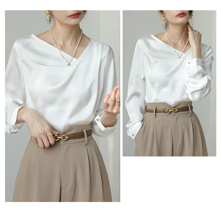 Satin Womens Shirts Silk Solid Casual Blouses Loose SpringSummer Ladies Clothing FASHION Long Sleeves White Tops 250217