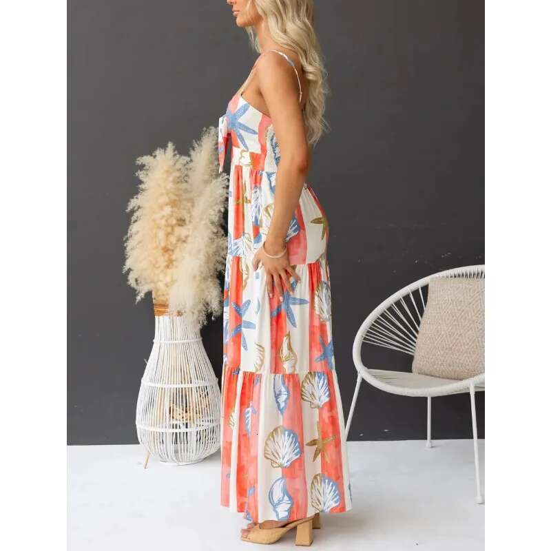 2025 Spring Summer New Women's Sexy High Waist Printed Lace Up Dress, Casual Split A-E Skirt, European And American