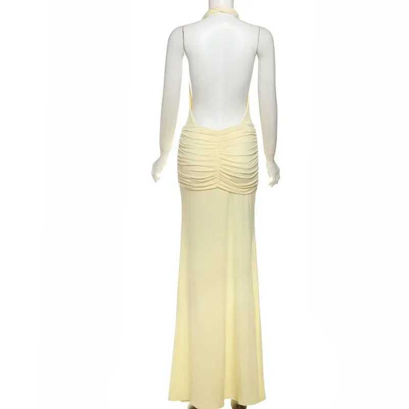 Basic Casual Dresses 2025 Spring Lace Up Ribbon Halter Backless Ruched Bodycon Maxi Evening Party Dress Sexy Dp V-neck Slveless Split Long Robe H25217