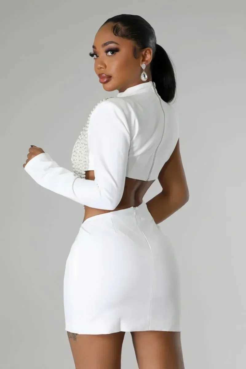 Basic Casual Dresses Women Full Slve Elegant O-neck Mini Dress 2025 Summer Pearl String Sexy Strt Night Club Party Vestidos Dresses H25217