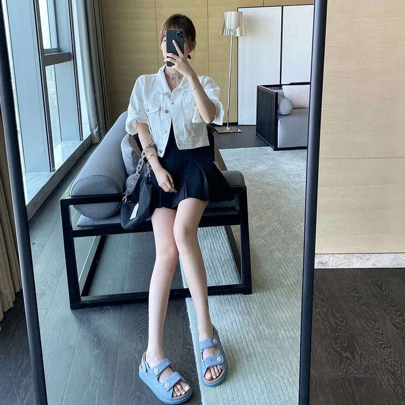 Camellia Buckle Denim Sandals Women Double Band Flat Jeans Sandalias Brand Plaid Sandales Back Hook&Loop Summer Shoes Woman 2025