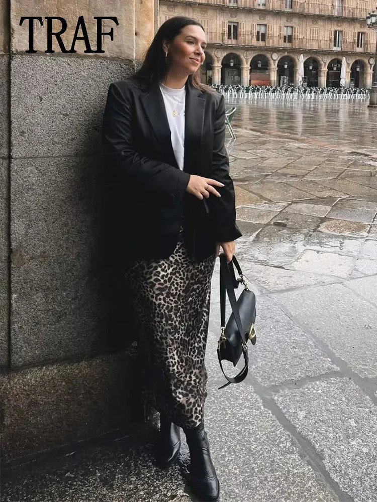 TRAF Women Vintage Chic Leopard Skirt Fashion Spring Summer Holiday Zipper Long Straight 250213