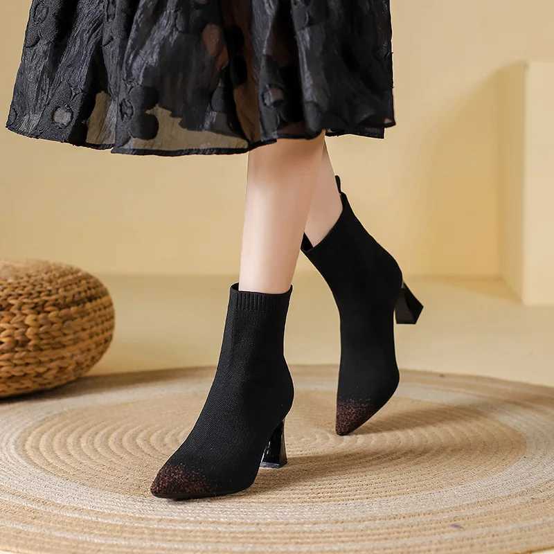 Woman Knitted Ankle Boots 2023 Autumn Womens Pointed Toe Sexy High Heel Pumps Ladies Outside Shoes Female Casual Short BootsXJ250217