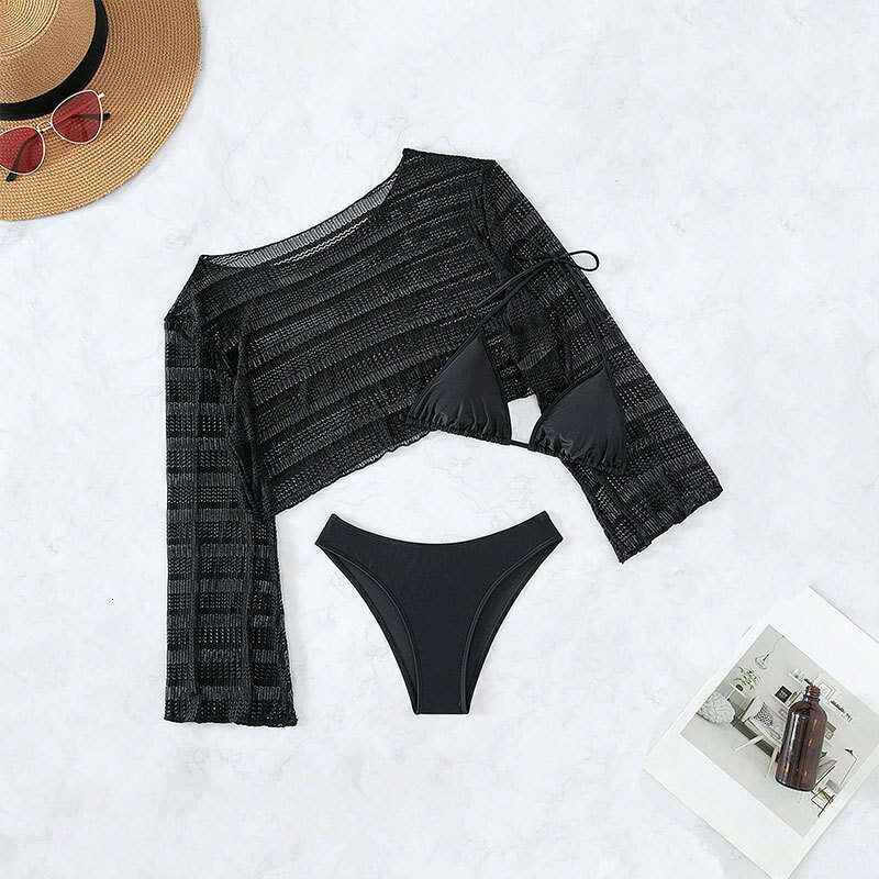New European and American mesh long sleeved hooded beach three piece women's high-end bikini swimsuit 2025 new casual versatile fashion clothing