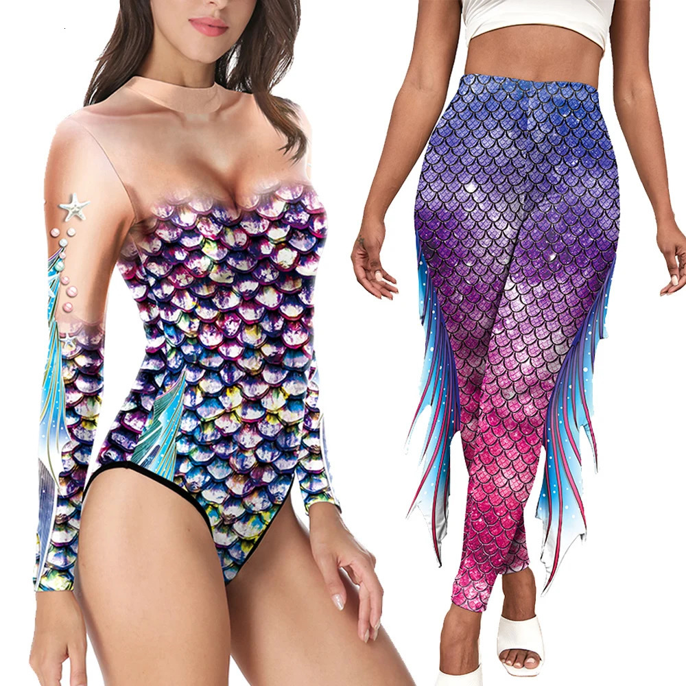 Nadanbao womens mermaid twopiece set Chroma fish scale print roleplaying clothing long sleeved bodysuit with stretch yoga pants 250217