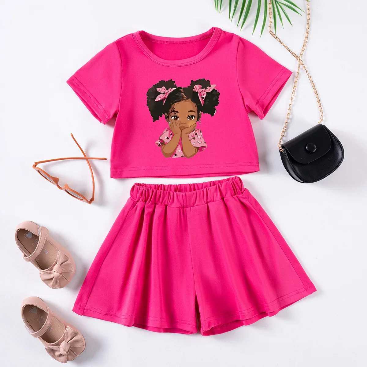 Summer Girls Printed Set Toddler Girls Cute Printed Short Sleeve Shorts Two Piece Comfortable Fashion Set W250218