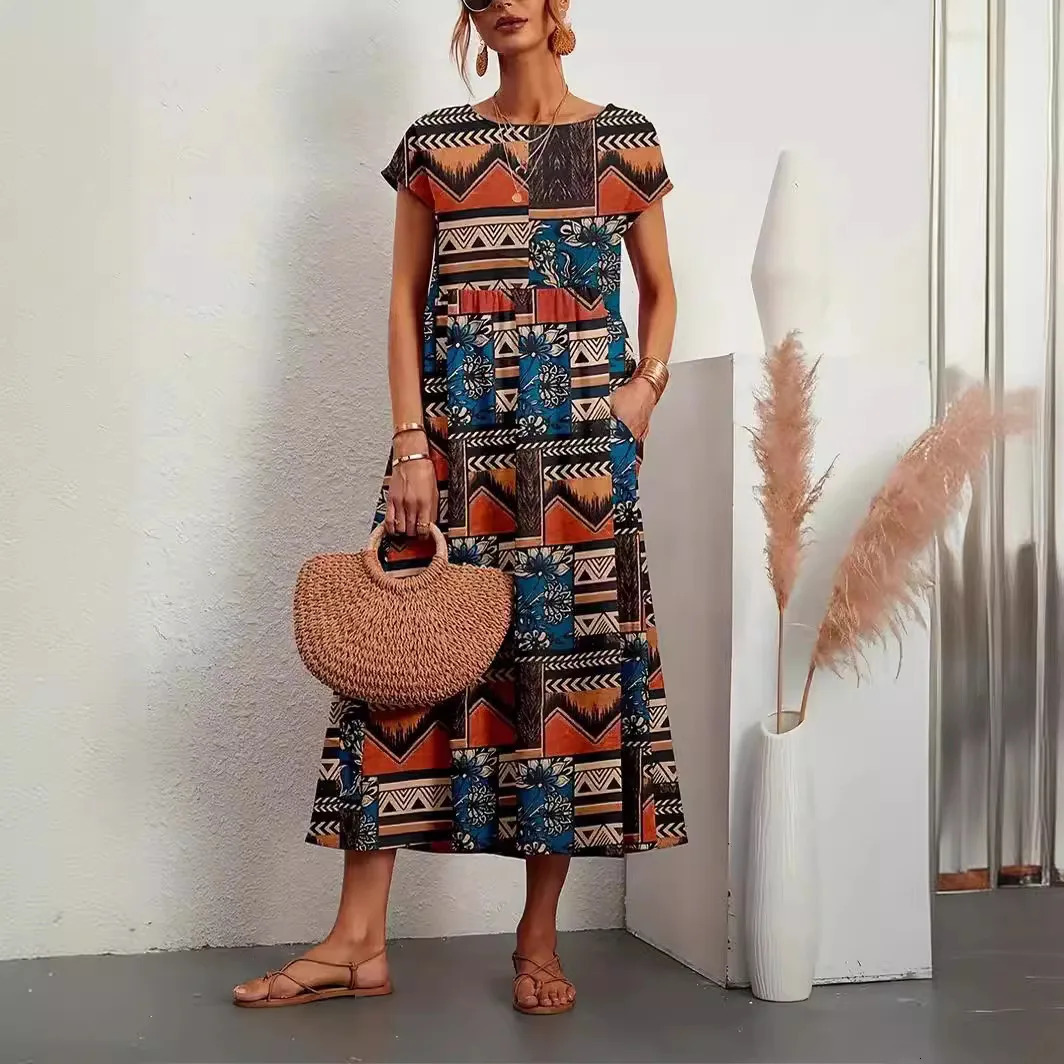 Womens Dress Summer Round Neck Short Sleeve Cotton Pleated Elegant Dress Fashion Boho Combination Vintage Long Dress S-XXL 250213