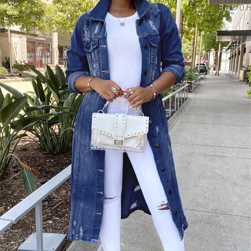 Women Jackets Autumn And Winter New Denim Long Windbreaker Coat Hole Denim Coat Female
