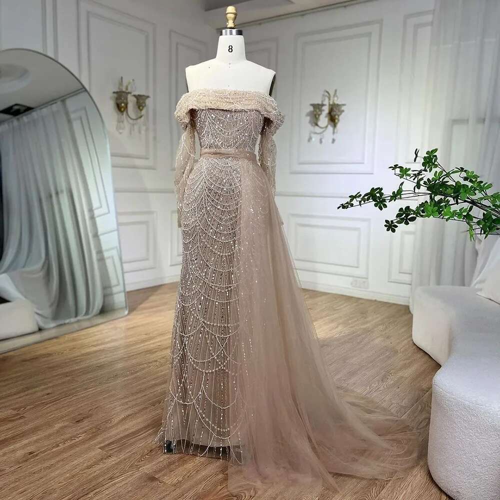 Arabia Dubai Nude Mermaid Boat Neck With Overskirt Evening Dresses Gown Customize Evening Party