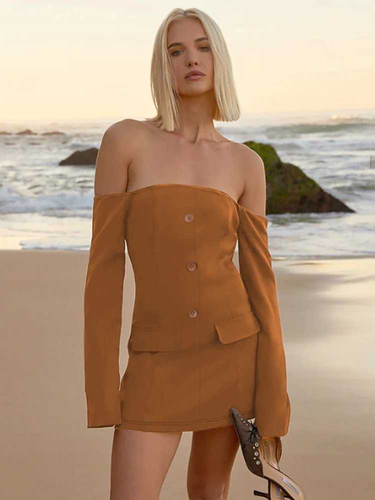Basic Casual Dresses Fantoye Sexy Off Shoulder Button Women Dress Brown Long Slve High Waist Dress Female Summer Skinny Elegant Party Clubwear 2024 H2