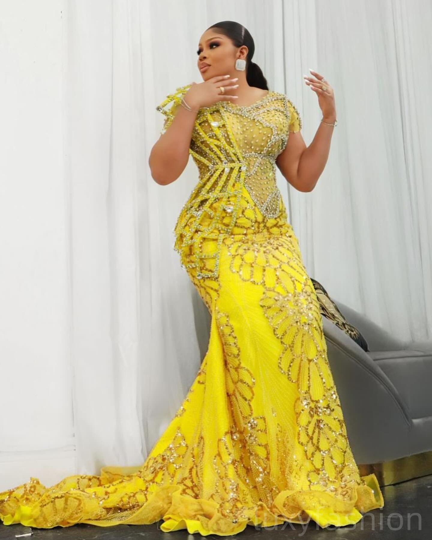 Aso Ebi 2025 Yellow Mermaid Prom Dresses Crystals Beaded Short Sleeves Sequined Evening Formal Party Second Reception Birthday Gowns Dress For Special