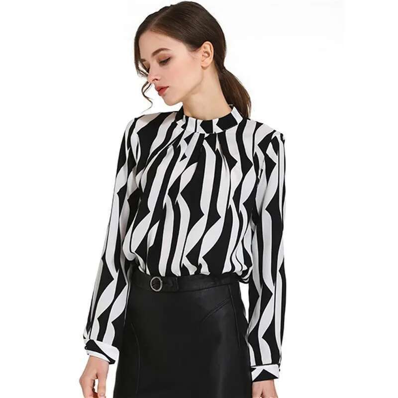Fashion O-Neck Blouse Spring New White Black Striped Long Sleeve Chiffon Shirt Elegant Office Lady Work Wear Tops Blusas 0941 60