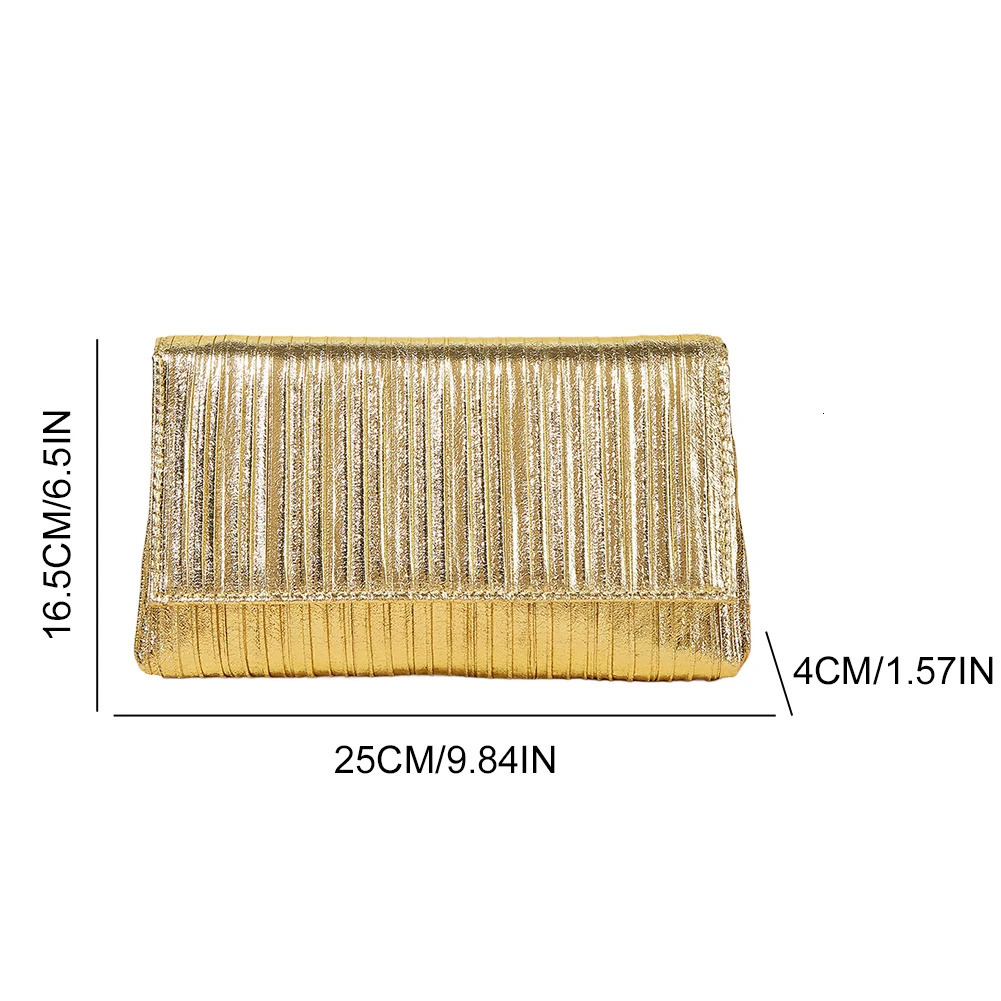 Pleated Metallic PU Clutch Purse Women Evening Bag Flap Envelope Handbag Shiny Hobo Wedding Party Bridal 250213
