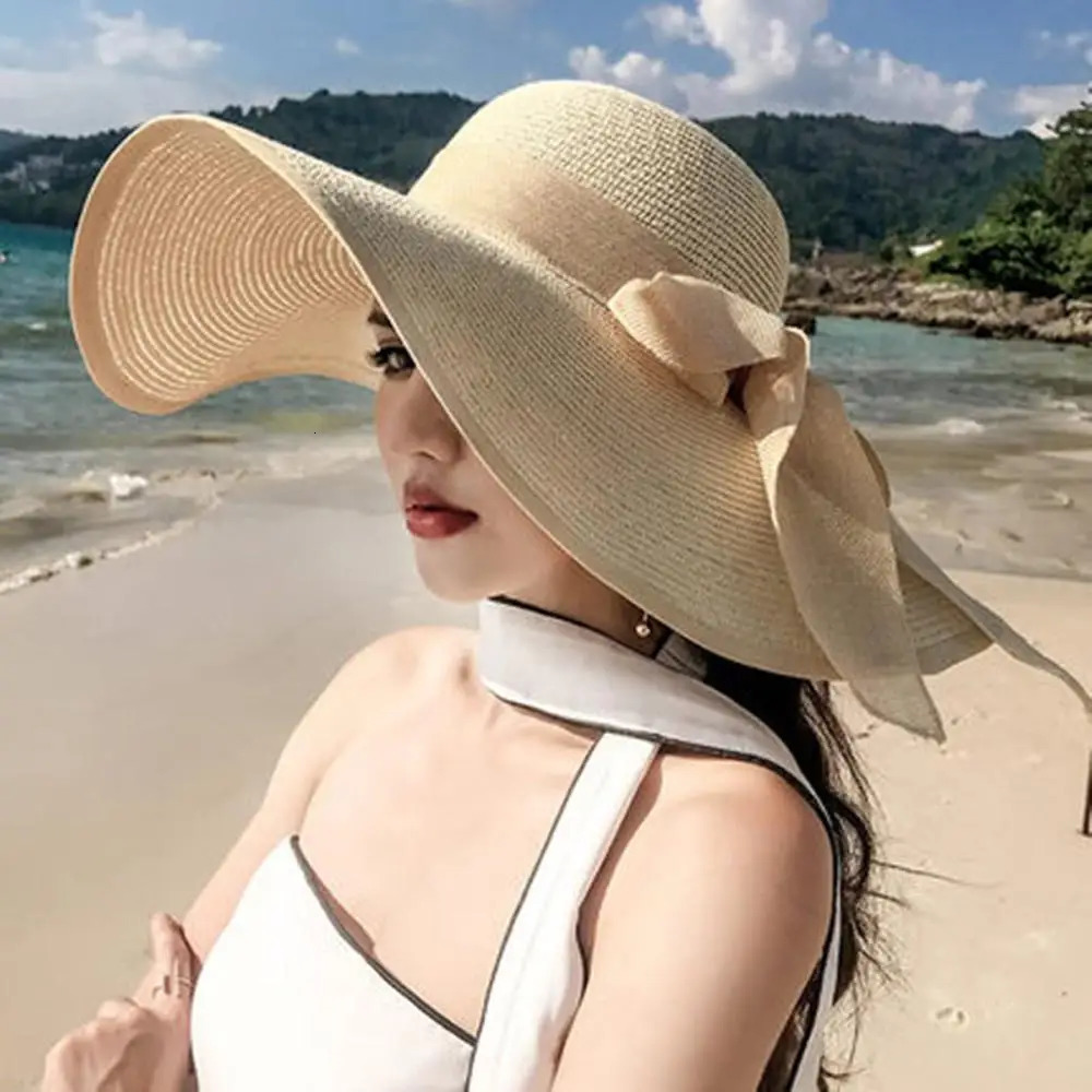 outdoor Seaside woman fashion big Bow large brimmed Sun Protection Cap Foldable Straw Hat 250218
