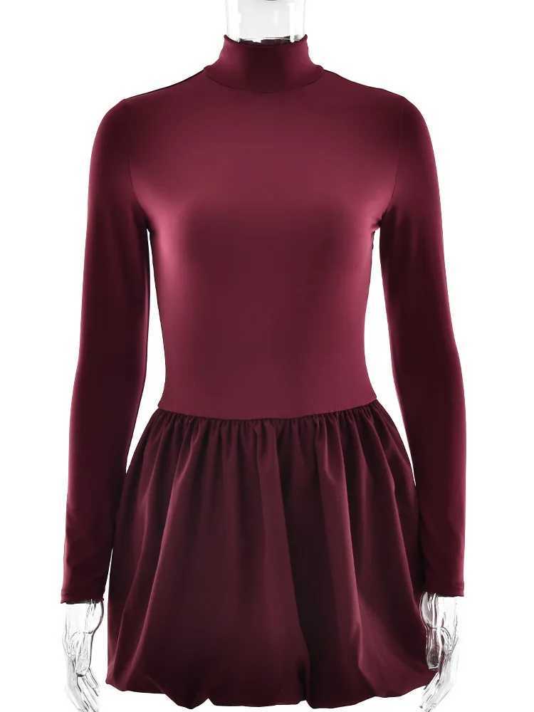 Basic Casual Dresses Fantoye Patchwork Turtleneck Long Slve Women Mini Dress Burgundy High Waist A-line Dress Female Winter Slim Elegant Strtwear H252