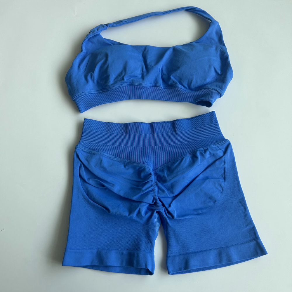 Sport 2 Pieces Seamless Yoga Set Halter Bra Top High Waist Workout Scrunch Shorts Summer Fiess Clothes Gym Suit Outfit Active Wear