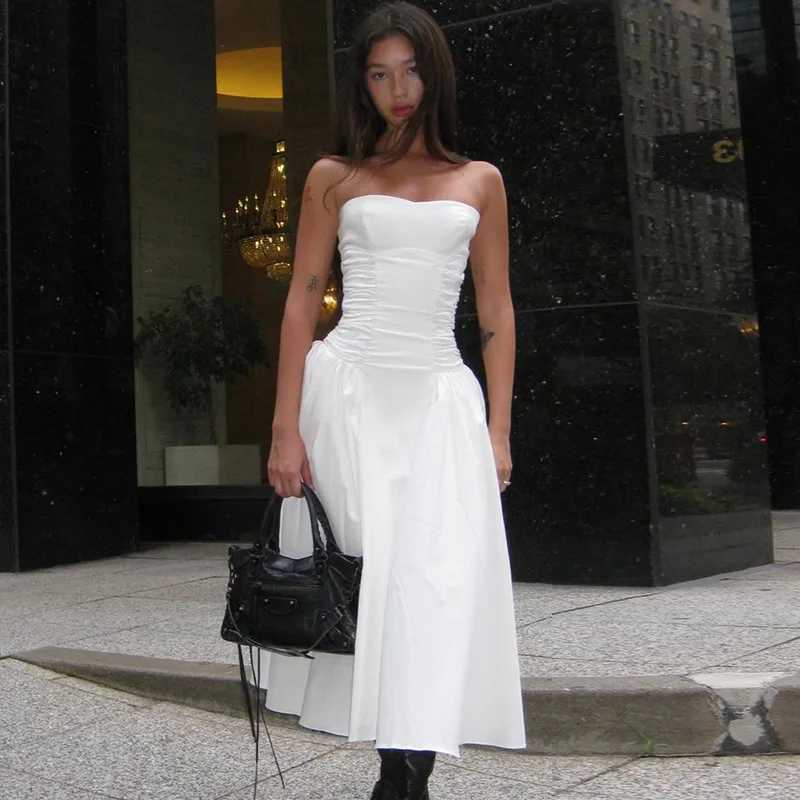 Basic Casual Dresses Lygens Strapless Ruched Midi Long WomenS Dresses Elegant Evening Prom Ladies Dresses Solid New A Line Korean Casual Clothes H2521