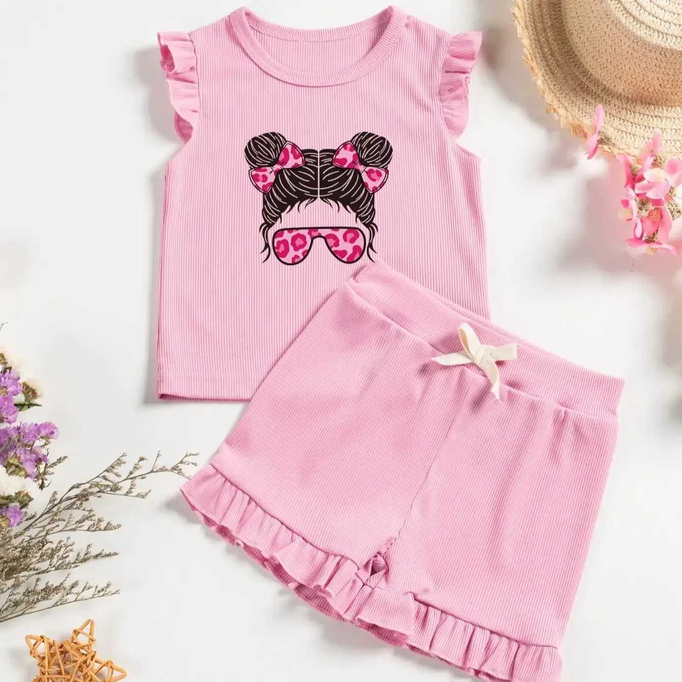 Girls Summer Cute Printed Set Fly Sleeve Top + Casual Shorts 2 Pieces Childrens Fashion Clothing Set Toddler Girl Clothes W250218