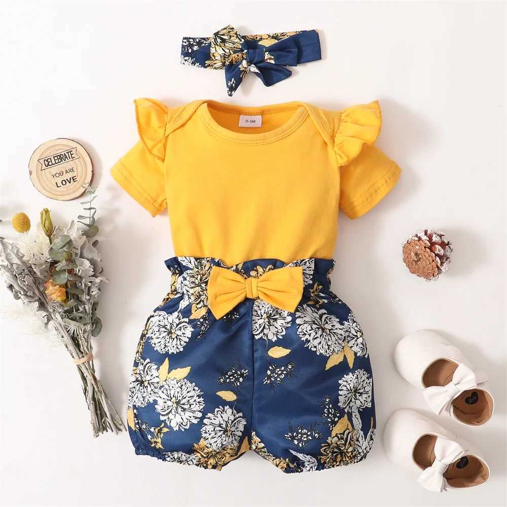 3-piece set of baby clothing solid color pleated short sleeves tight fitting clothes+floral short sleeves+headband cute summer clothing lasting 0-18 m