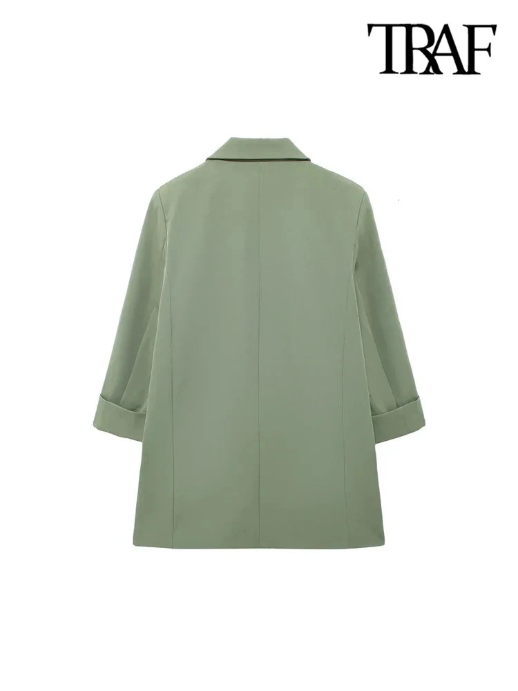 TRAFWomens Open Blazer Coat with Turnup Sleeves Front Flap Pockets Female Outerwear Chic Tops Fashion 250213