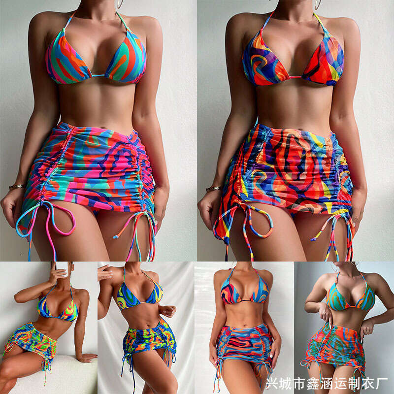 Colorful Sexy Mesh Three Piece Split Bikini Swimsuit for Women 2025 New Casual Fashion Trendy Clothing