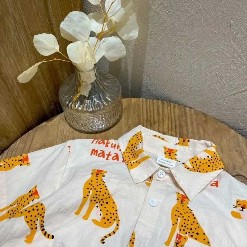 New childrens clothing boy set summer short sleeved shirt shorts 2-piece set fashionable boy cheetah print set childrens clothing W250218