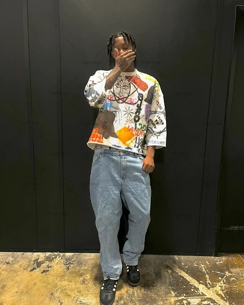 Gothic Punk Style Printed Graphic T-shirt American Retro Oversized Long-sleeved Men Y2K Harajuku Street Hip-hop Casual Loose Top 250122