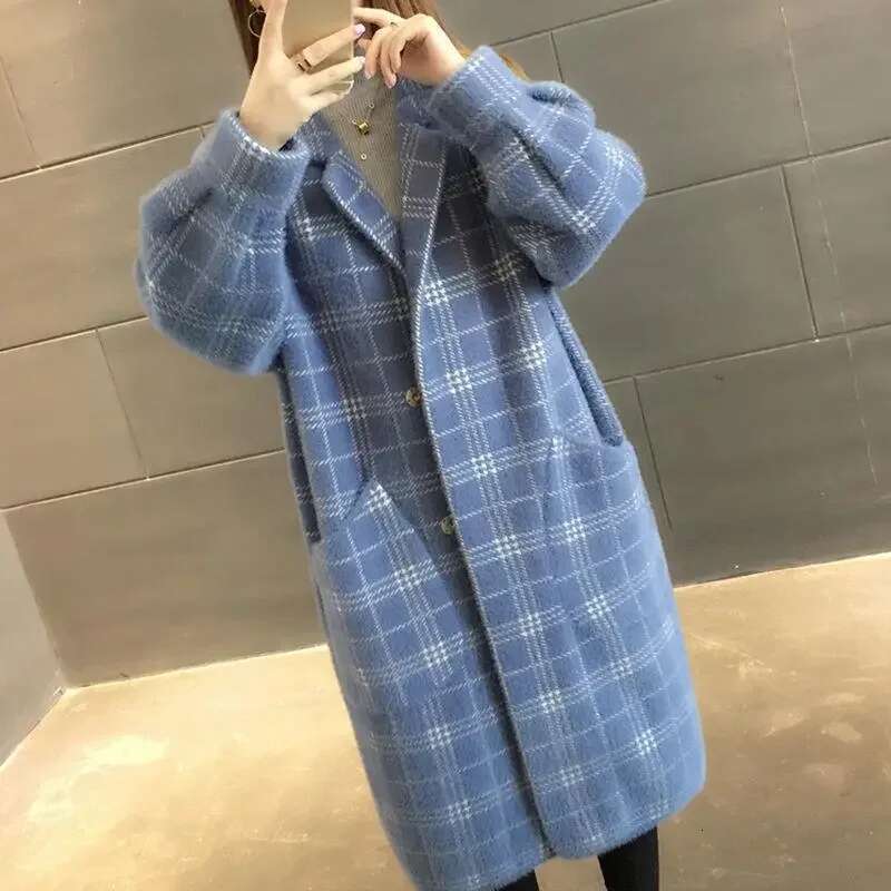 Woolen Medium-Length Plaid Jacket Loose Fit Knit Suit Collar Overcoat New 2024 Autumn/Winter Women's Fashion Outerwear
