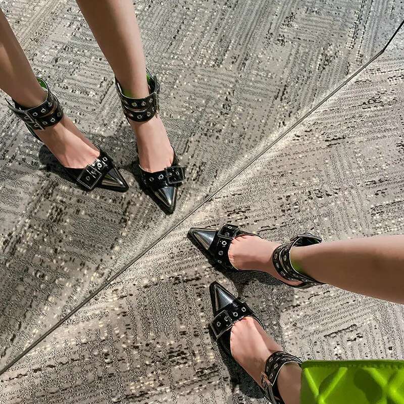 2024 New Pointed High Heels Women's Stiletto Baotou Hollow Metal Iron Toe Patent Leather Sandals Pumps