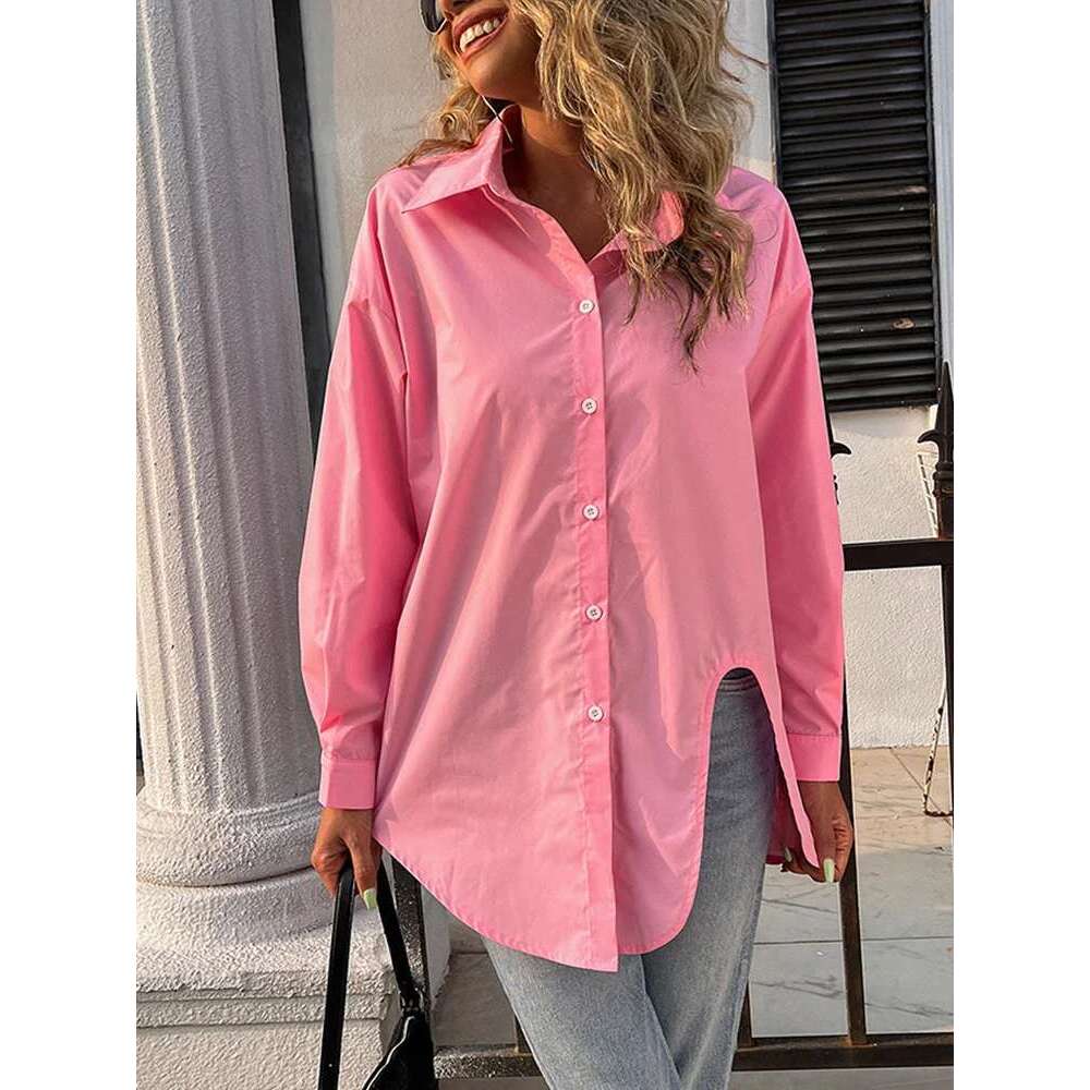 2024 Spring And Summer New Women's Solid Color Single Row Of Buttons Blouse Temperament Casual Round Neck T-Shirt Asymmetric