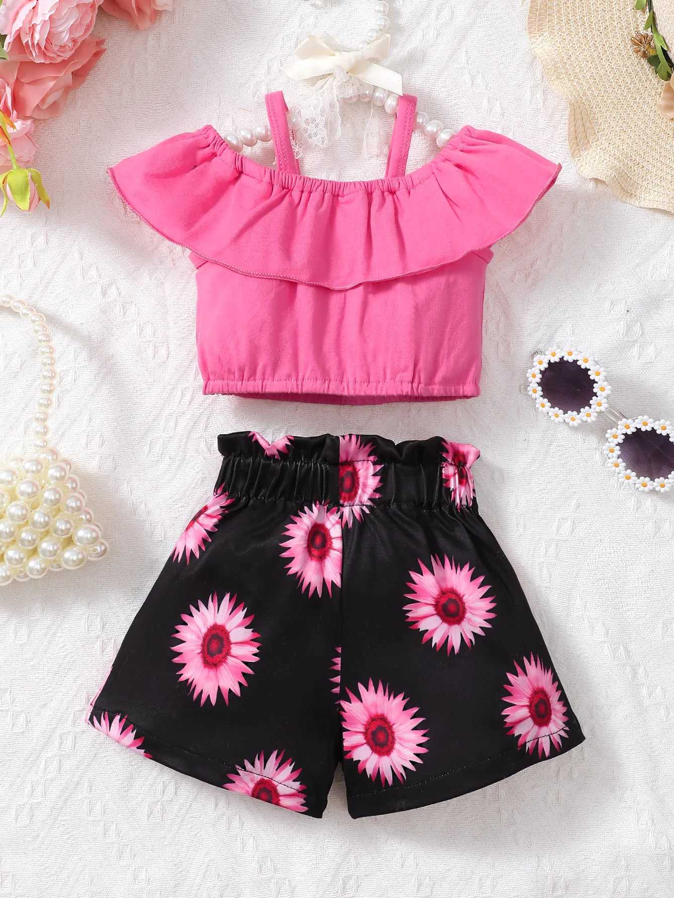 Fashion baby girl summer vacation lace shoulder strap top with floral sunflower print shorts set W250218